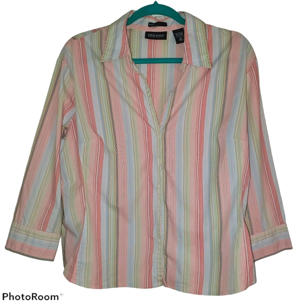 New York & Company City Stretch Striped 3/4 Sleeve Button Down Blouse 0162